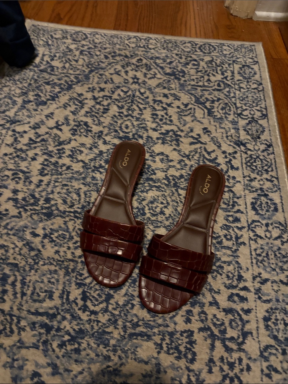 Aldo Dark Brown Croc-Embossed Double Strap Slide Mules